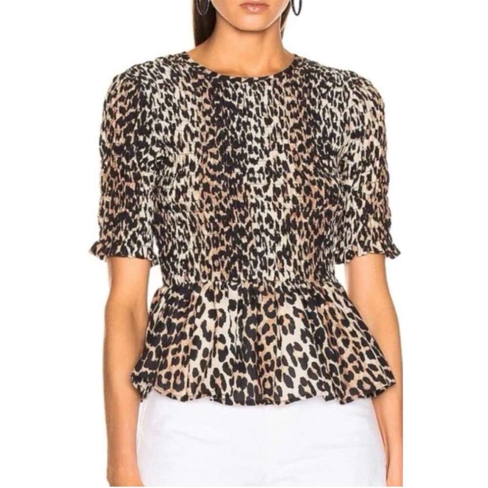 Ganni Smocked Animal Print Leopard Peplum Top 34/ XS or 2 - Picture 10 of 15